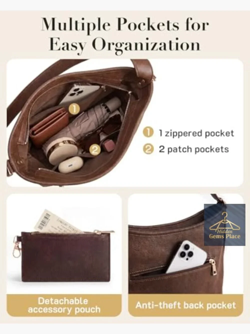 Vegan Leather Hobo Bag Multi-Pocket Crossbody Shoulder Tote